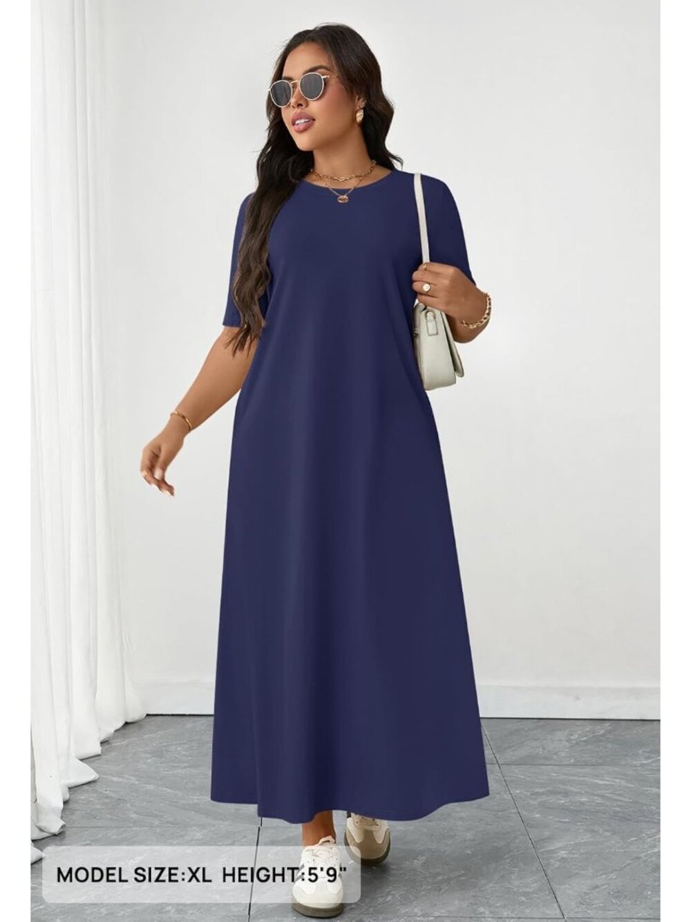 Women's Navy Summer Casual Maxi Dress Vacation Crew Neck Short Sleeve Dress - Picture 2 of 6
